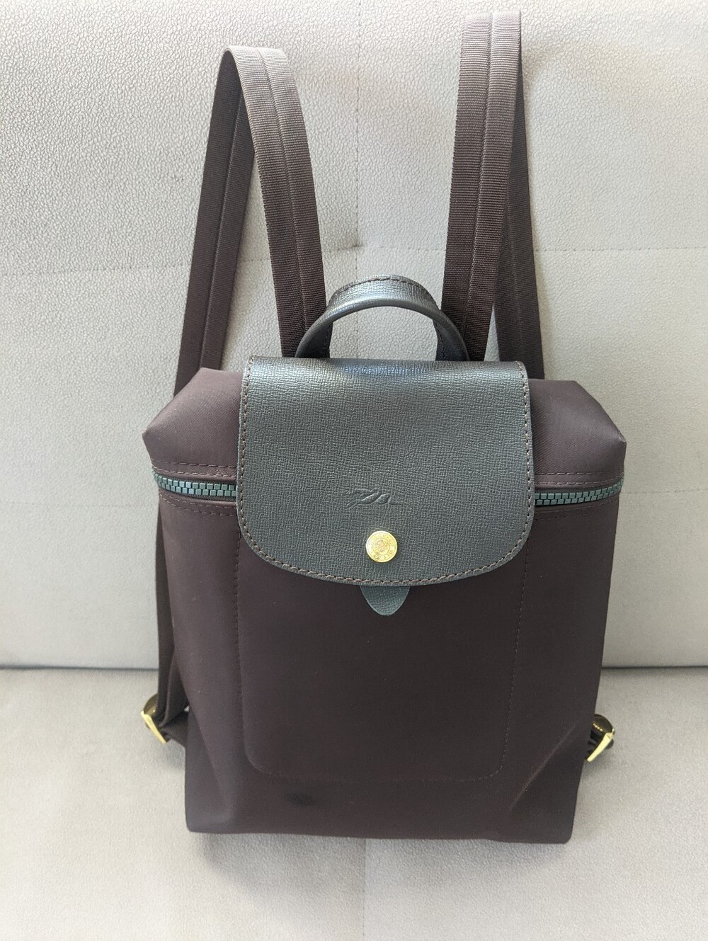 LONGCHAMP  Brown Nylon Backpack with Dark Brown Leather Flap
